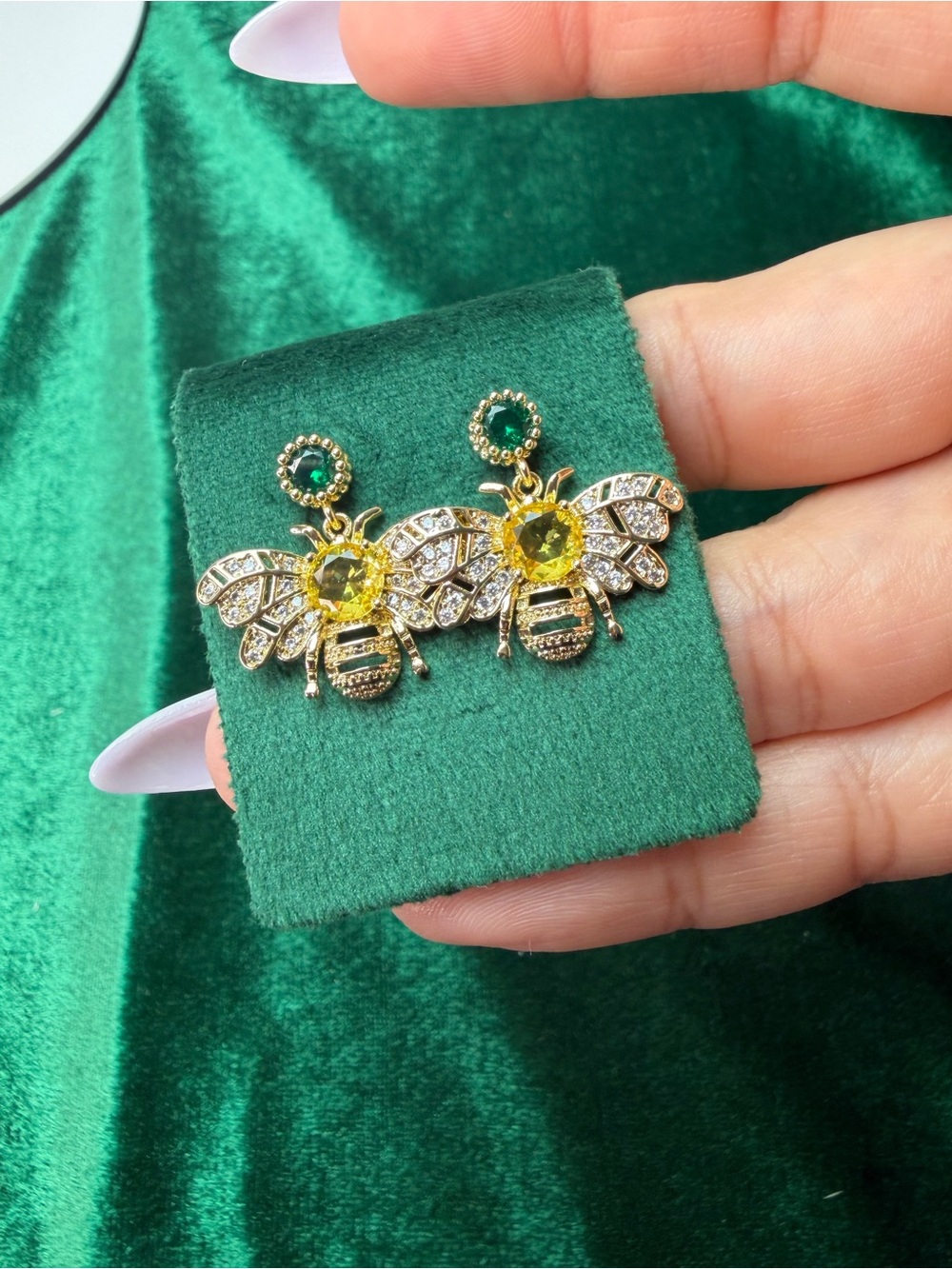14K Gold Plated Bee Drop Earrings with Yellow and Green Crystals